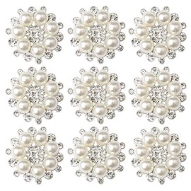 10 PCS Rhinestone Pearl Embellishments, Craft Pearl Flower Buttons Pearl Flower Embellishments Round Rhinestone Faux Pearl for Decoration