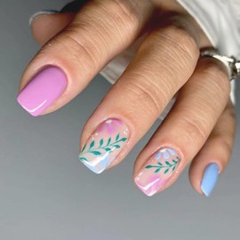 Ceboic Pack of 24 Square Glue-On Nails, Short, Blue Pink French Artificial Nails, Glossy Artificial Nails, Press On Nails with Flowers & Leaves Designs, Acrylic Fingernails, Fake Nails for Women and