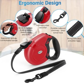 WRSOMIT Retractable Dog Leash, 26 Ft Heavy Duty Pet Walking Leash for Small Medium Large Dogs up to 110lbs, Anti-Slip Handle, 360 ° No Tangle, Nylon Tape, One-Handed Brake (Red)