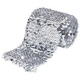 FINGERINSPIRE 2.28M Sequin Trim 10cm Wide Silver Elastic Sequin Ribbon Flat Sequins Paillette Lace Trim Stretch Bling Paillette Ribbon Metallic Stretch Trim for Dress Headband Sewing Craft