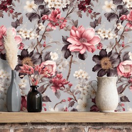 VEELIKE 17.7''x354'' Dainty Grey Red Floral Wallpaper Peel and Stick Vintage Branch Floral Removable Wallpaper Floral Contact Paper for Walls Self Adhesive Floral Vinyl Wallpaper for Bedroom Bathroom
