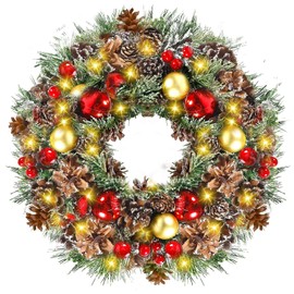 Christmas Wreath, 30cm Artificial Hanging Wreath, with Powerful Hook, Winter Xmas Ornament, Indoor Outdoor Decor, for Fireplace, Window, Wall, Living Room, Home Party, Birthday, Wedding Decoration