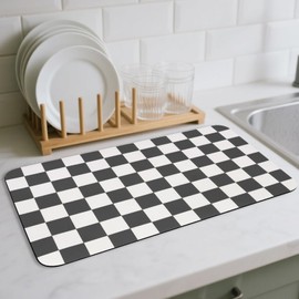 CooRug Checkered Dish Drying Mat, Absorbent Coffee Bar Mat for Kitchen Counter Dish Rack Espresso Machine 12" x 20" Black