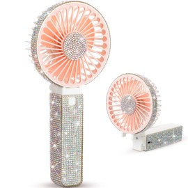 Mudder Rhinestone Handheld Fan Crystal Bling Mini Personal Fan Glitter Bedazzled Portable USB Rechargeable & Battery Operated for Girls Women Outdoor Travel Indoor Makeup Office(Pink,Foldable)