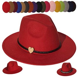 JK Home Wide Brim Fedora Hat - Felt Panama Cap - 2pcs Adjustable Bands - Vintage Style Cosplay Red