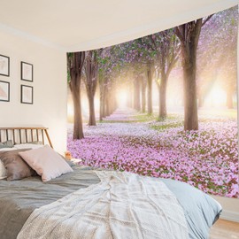 LB Tapestry Pink Flowers Wall Towel Flower Tree with Sunshine Wall Hanging Spring Natural Landscape Tapestry for Living Room Bedroom Dorm Wall Decoration 200 x 150 cm