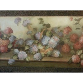 York Wallpaper Border 10 1/4" Flowers Leaves Hydrangea Baskets Pink Blue RY3414B