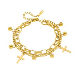Cross Charm Ball Beaded Chain Link Bracelets for Women Dainty Delicate Stainless Steel Gold Plated Faith Layered Chains Adjustable Fashion Trendy Jewelry for Her Bff 7.5"