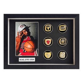 Championship Ring Display Case,6 Baseball Ring Holder,Ring Display case,Ring Display,Ring Case,Ring Holder Display,with 4X6 Photo Frame,,12.6x9.2 Solid Wood Frame Shadow Box, Glass Door. Black.