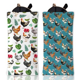 GLOBLELAND Pack of 2 Funny Soft Glasses Case with Farm Chickens Animals and Plants PU Leather Glasses Bag with Flowers and Leaves Crimp Closure Portable Sunglasses Bag for Watches Mobile Phones