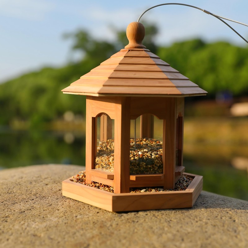 Liawm Wooden Bird Feeder for Outdoors Hanging, Red Cedar Hexagon