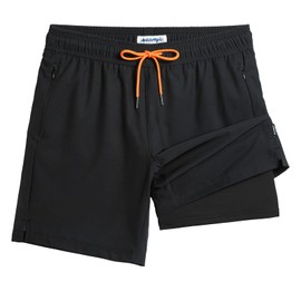 MaaMgic Mens Swim Trunks with Compression Liner 2 in 1 Swimming Shorts Stretch 7" Swimwear Quick Dry Bathing Suits,All Black,Medium