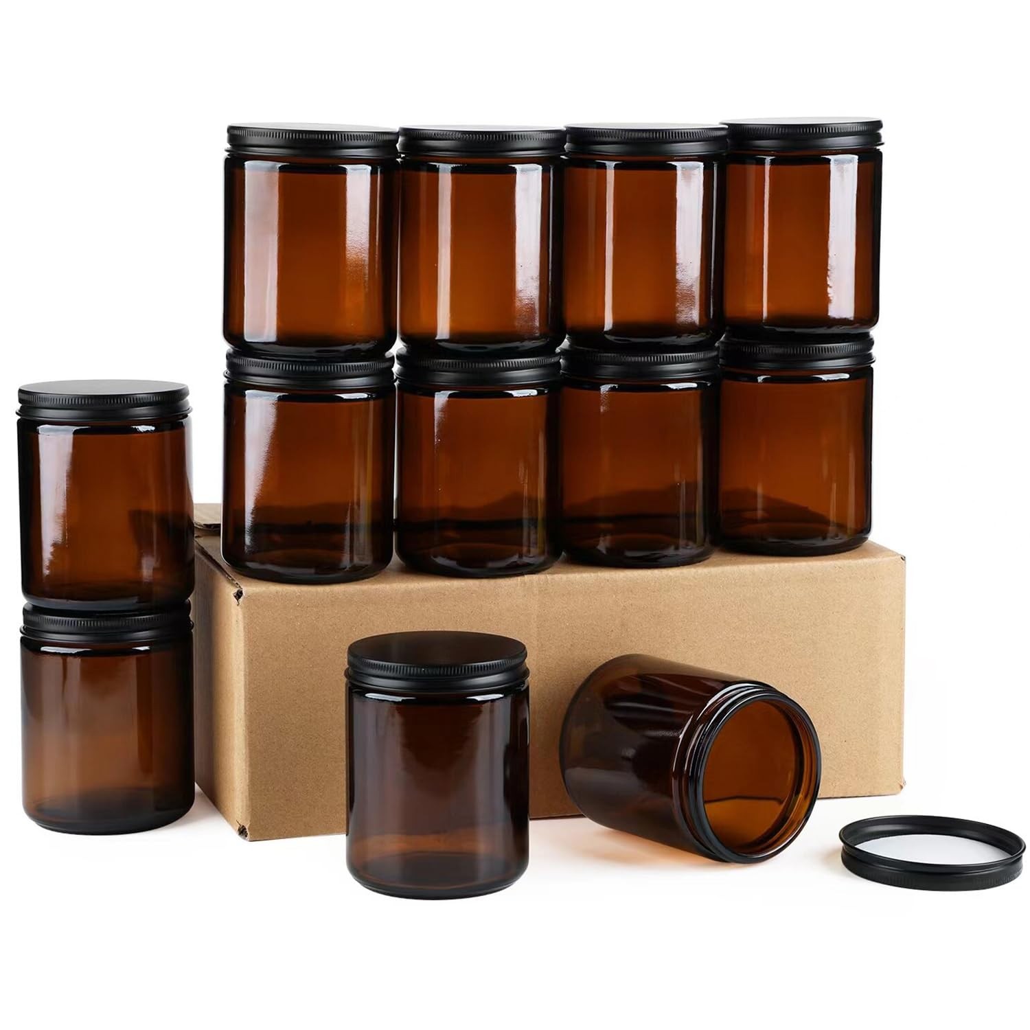 12 Pack Amber Glass Jars, 8 Oz Thick Amber Round Glass Jars, with Black ...