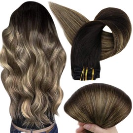 Full Shine Clip in Human Hair 14 Inch Clip in Hair Extensions Real Human Hair Balayage Color 1B Black to 6 Brown and 27 Honey Blonde Double Weft Thick Human Hair Extensions 7 Pcs 120 Gram