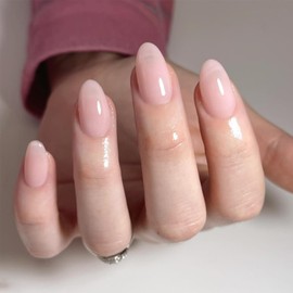 Almond Shape Press on Nails Short Fake Nails Oval Round RIICFDD False Nails with Pure Color Designs Reusable Full Cover Glossy Glue on Nails for Women Acrylic Nails 24 Pcs (Transparent Nude Color)