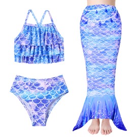Mermaid Swimming Sets Kids Bathing Suits Girls 3PCS Cute Ruffle Bikini Bottoms Fish Tail Beach Pool Swimwear Girls Swimsuits Size 6 7 Tiedye