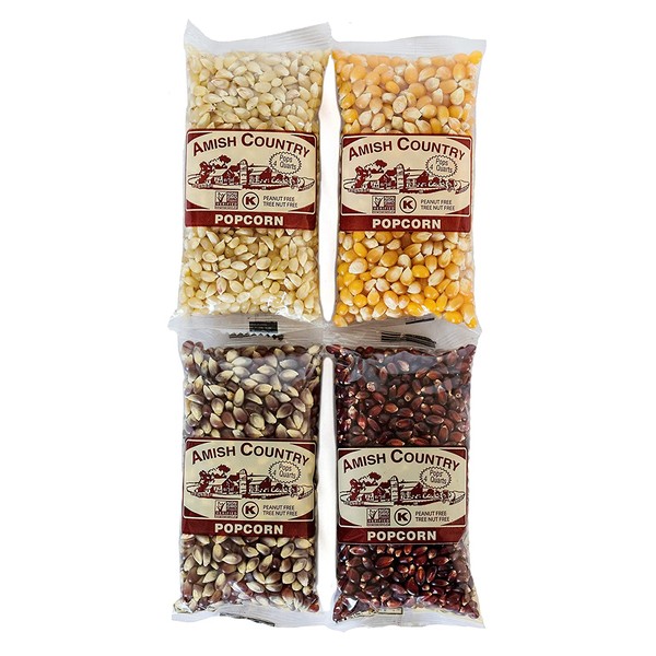 Amish Country Popcorn | 4 - 4 oz Bags | Popcorn Kernel Variety Sampler | Baby White, Red, Medium Yellow and Purple Popcorn Kernels | Old Fashioned with Recipe Guide