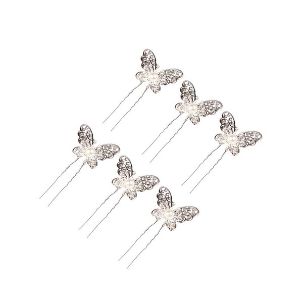 Frcolor Butterfly U Pin Hairpin Butterfly Headdress Girl Hair Ornaments Wedding Recitals Hair Accessories Set of 6 (Silver)