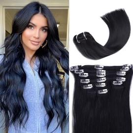 Extensiones de Cabello con Clip 50 cm (20") 10 Piezas 100g Cabello Humano Liso 100% Natural Remy Negro Azabache | Doble Trama para Sin Desprendimiento y Más Densidad | Fácil de Colocar para Mujeres
