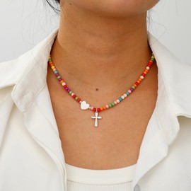 Aretas Colorful Beaded Cross Necklace for Girls Women Kids Christening Christian Religious Catholic Baptism Graduation First Communion Confirmation Jewelry Gifts for Teen Girls Women Silver