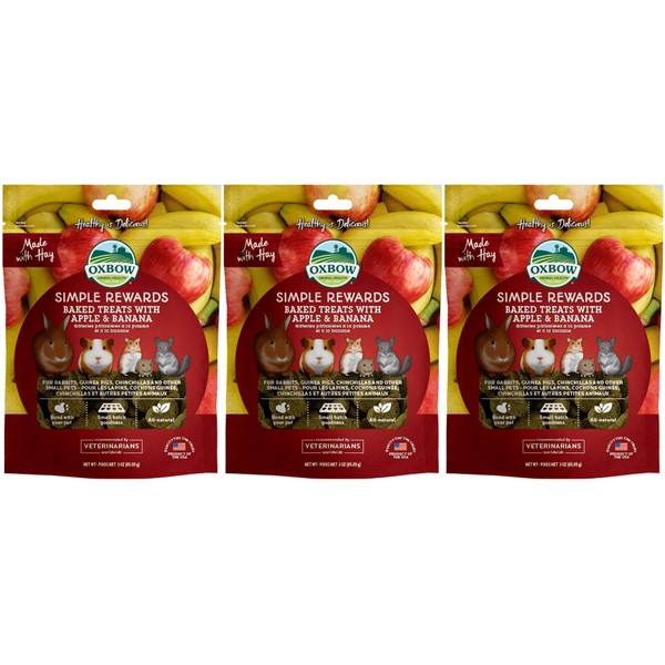 Oxbow 3 Pack of Apple and Banana Simple Rewards Small Pet Treats, 3 Ounces Each, with Hay