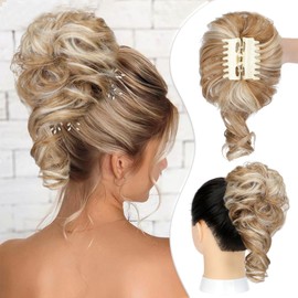 Wodelanle Claw Clip - Messy Hair Bun & Ponytail Hairpiece for Women, Wavy/Curly Chignon, Ginger Brown & Bleach Blonde