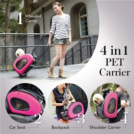 4 in 1 Pet Carrier + Backpack + CarSeat + Carriers on Wheels for Dogs and Cats (Pink)