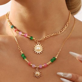 Vintage Gold Sun Necklace,Healing Crystal Pearl Choker Dainty Colorful Beaded Necklace Bohemian Charm Pendant Necklace Jewelry for Women (Gold)