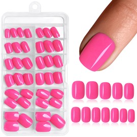 Bellelfin 120Pcs Short Press on Nails Square Round Fake Nails, Full Cover Hot Pink Nails Press ons Glossy Acrylic False Nails for Women Girls