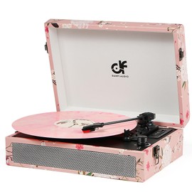 Vinyl Record Player Bluetooth with Built-in Speakers, Vintage Portable Suitcase Turntable 3-Speed with USB Recording Headphone/RCA/AUX Jack for Muisc Record Player Pink Floral