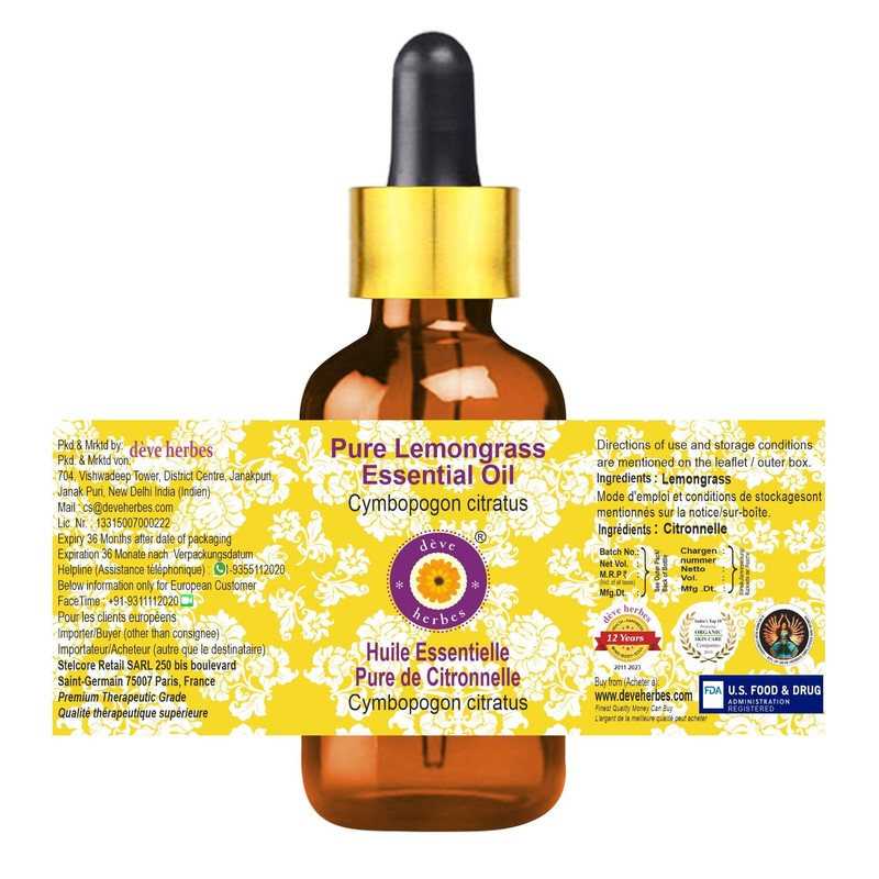 Deve Herbes Pure Lemongrass Essential Oil (Cymbopogon citratus) with Glass