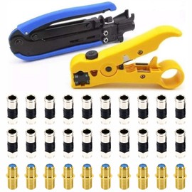 Gaobige Coaxial Cable Crimper, Coax Cable Crimper Tool Kit, Coaxial Compression Tool for rg6 rg59 rg11 75-5 75-7, Wire Stripper, 20pcs F Male rg6 Connectors, 10pcs Female to Female rg6 Connectors