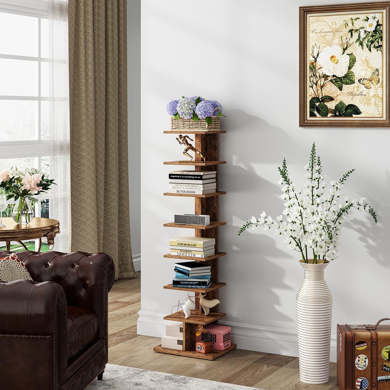 TUTOTAK Narrow Bookshelf, 8-Tier Bookcase, Spine Book Shelf for Small
