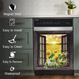 Dishwasher Magnet Front Cover,Frog Magnetic Dishwasher Cover Sunflower Decorative,Kitchen Appliance Vinyl Decal,Refrigerator Sticker Trimmable Magnet,23"x26"