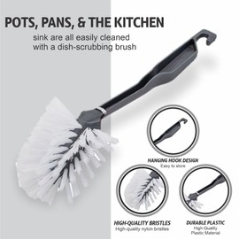 Dish Brush Counter Top Brushes Soft Grip Lightweight Non Slip Sink Pan Kitchen Accessory Firm Bristles Long Handled Washing Up scrubbing Long Lasting Plastic Scrubber With Hanging Hole (1pc)