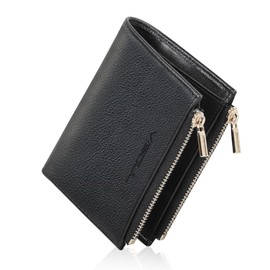 VISOUL Bi-fold Wallet, Genuine Leather, Bill Holder, Card Coin Purse, Photo Pocket, License Holder, Cowhide Leather, Double Zipper, Multi-functional, Black