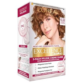L'Oréal Paris Permanent Hair Colour, 100% Grey Hair Coverage, Hair Dye Set with Colouration, Shampoo and Triple Care Cream Colour, Excellence Cream, No. 6.32 Sunny Light Brown, 1 x 268 g