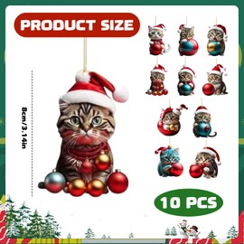 BRTNUP 10Pcs Acrylic Cat Christmas Ornament for Christmas Tree Decoration, 2D Cute Christmas Cat Ornaments for Cat Lovers