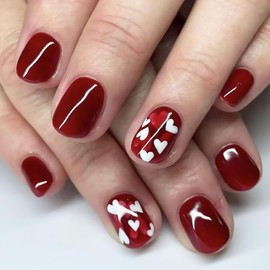 Valentines Press on Nails Short Square Fake Nails With White Red Love Heart Designs Wine Red False Nails Glossy Stick on Nails Acrylic Romantic Artificial Nails for Women 24 Pcs