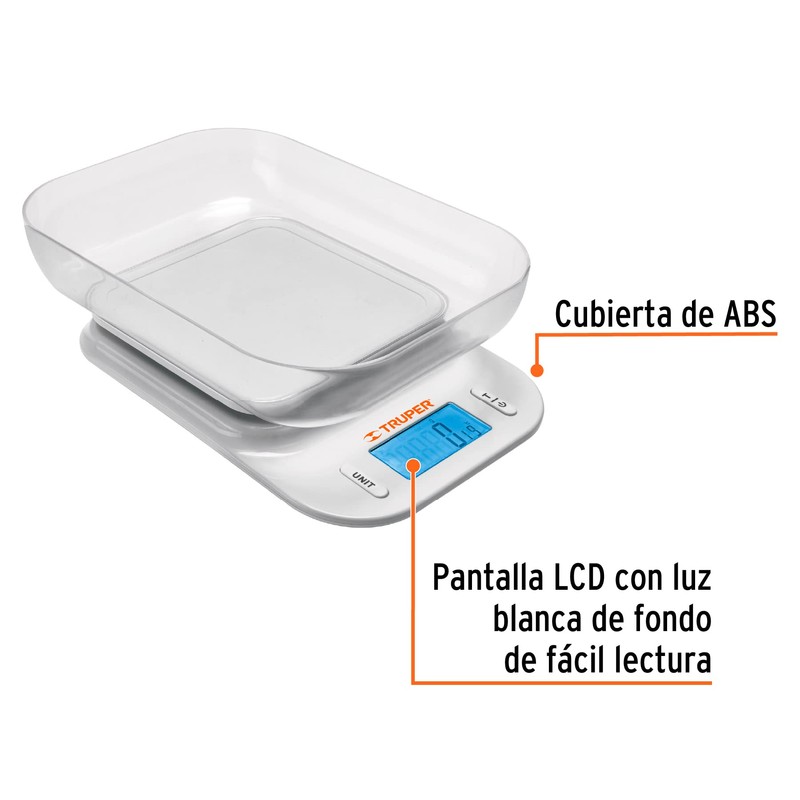 Truper BASE-5T, Báscula digital con tazón para cocina 5kg precisión