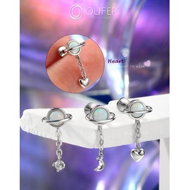 OUFER 16G Dangle Ear Piercing Helix Moon / Heart / Clear CZ Internal Thread Conch Piercing Ring 316L Stainless Steel Helix Piercing 8 mm Opal Cartilage Ear Piercing Conch Piercing Lip Piercing,