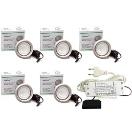Set of 5 LED Recessed Spotlights Furniture Light Furniture Recessed Spotlights Flat 2.7 W LED 12 V/DC Warm White 3000 K / 200 lm Colour Brushed Stainless Steel + 15 Watt LED Transformer 230 V