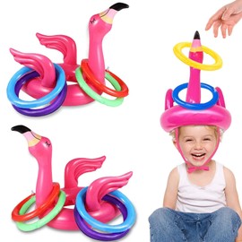 EKKONG 2 Flamingo Inflatable Throwing Game, Ring Toss Game Children, Throwing Game Party Hats, Pool Toy Children with 8 Pieces Throwing Rings Toy, Outdoor Games for Hawaii Summer Party Wedding