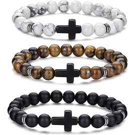 HOLSTRENGTH 3-Pack Beaded Cross Wristband (Matte Black/Marble White/Glossy Brown)
