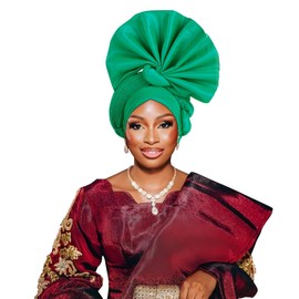 Fashionable Nigerian headwear,floral decoration,Urban hat,monochrome elastic pleated women's hat (Green)