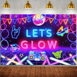 Let’s Glow Backdrop Banner Neon Glow in The Dark Party Decorations Supplies,Neon Glow Crazy Theme Backdrop Black Light Disco Birthday Party Decor Photography Background Kids Photo Booth Props 6x4ft