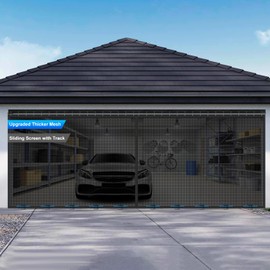 Sliding Garage Door Screen 16x7FT for 2 Car Garage Doors, Magnetic Garage Screen Door with Track Closure, Thicker 265g/㎡ Mesh, 16x7Ft Retractable Garage Door Screen(Patent has Been published)