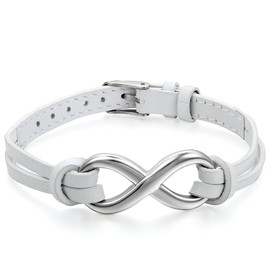 JewelryWe Jewellery Men's Women's Infinity Sign Charm Bangle Leather Real Leather Stainless Steel White Silver, Leather Stainless Steel, without stone