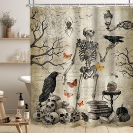LGhtyro Skull Skeleton Shower Curtain Bathroom Set 71Wx71H Inches Gothic Vintage Spooky Tree Spider Web Bat Retro Scary Bath Accessories Cool Art Home Decor Fabric 12 Pack Hooks
