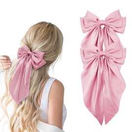 Hair Bows for Women, 2Pcs Pink Bow Hair Clips for Girls, Silky Satin Hair Bows Clips Long Tail, Large Hair Barrettes Cute Aesthetic Hair Accessories